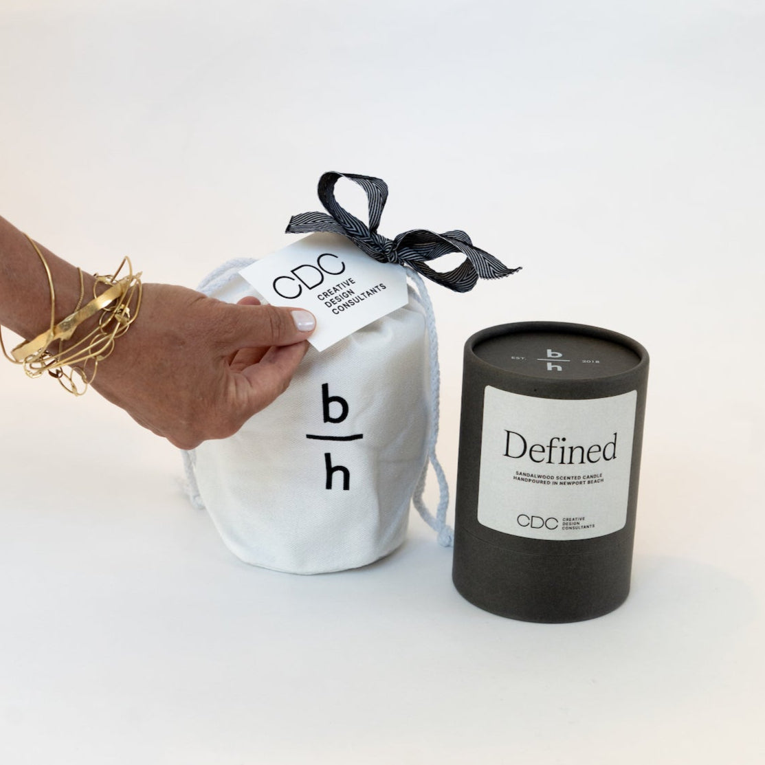 Candle with custom logo and canvas bag with matches