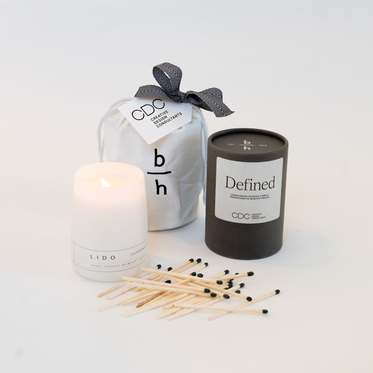 Candle with custom logo and canvas bag with matches