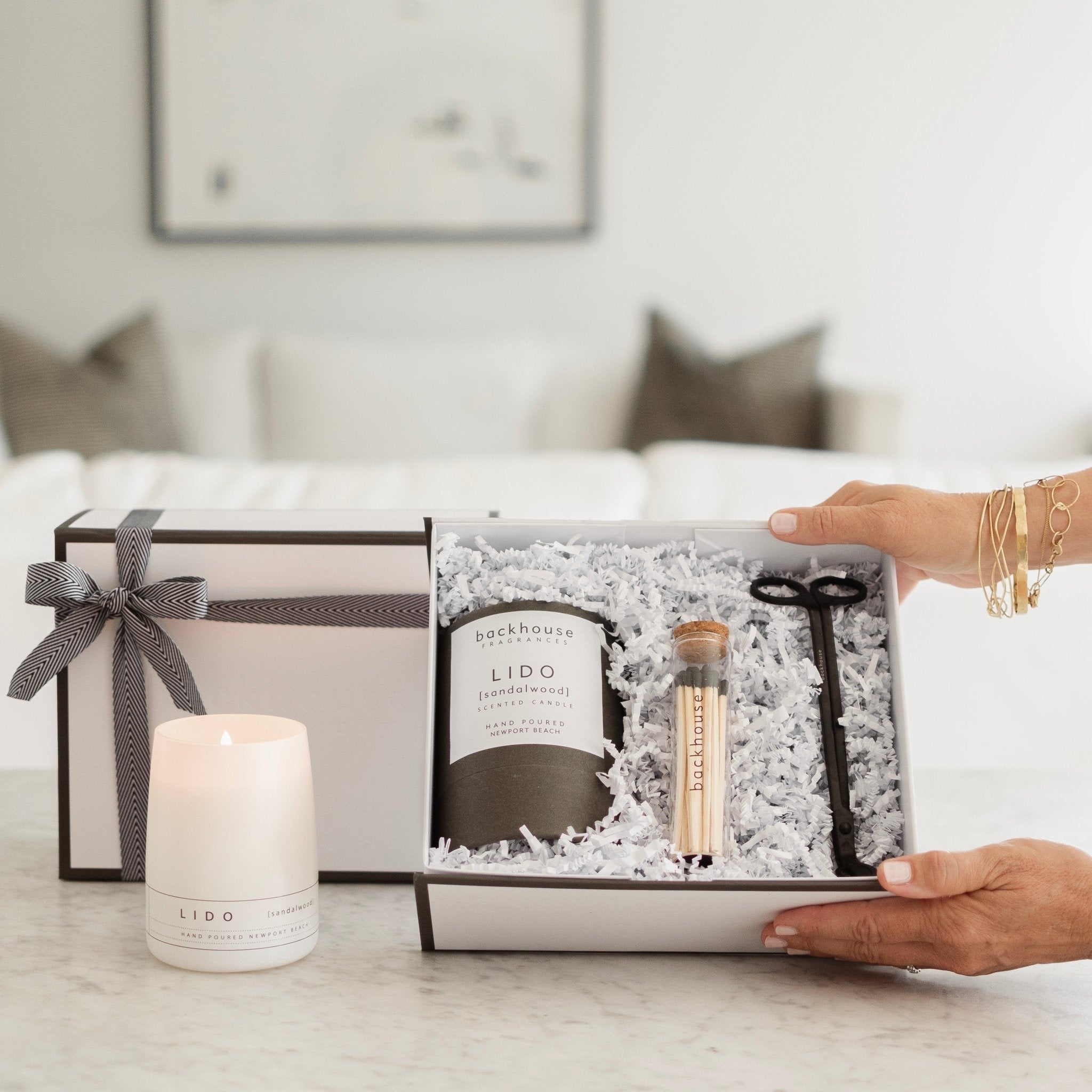 ultimate candle gift set luxury ribbon tied gift box hand-poured Newport Beach backhouse fragrances