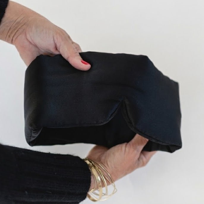 Backhouse classic black 100% pure silk sleep mask with black and white ribbon