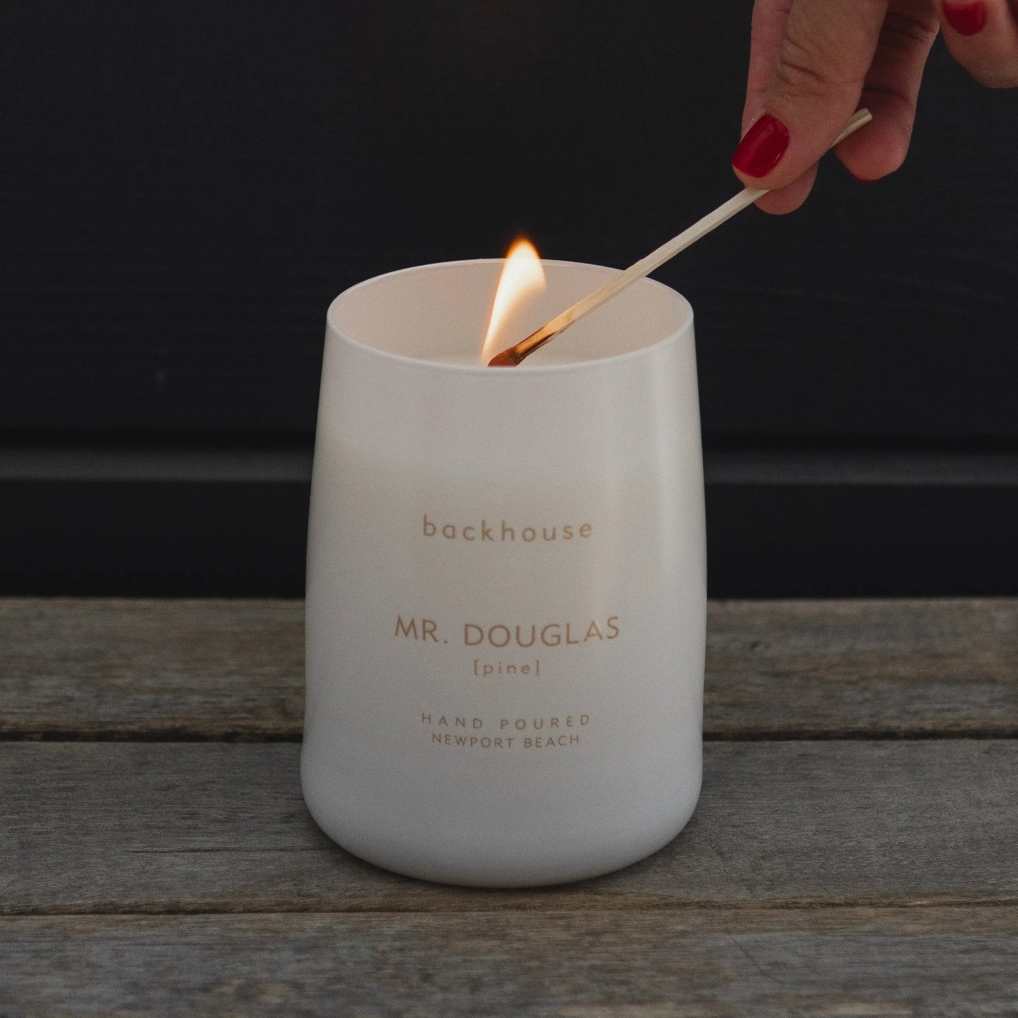 white and gold mr. douglas pine cedar candle side view backhouse fragrances