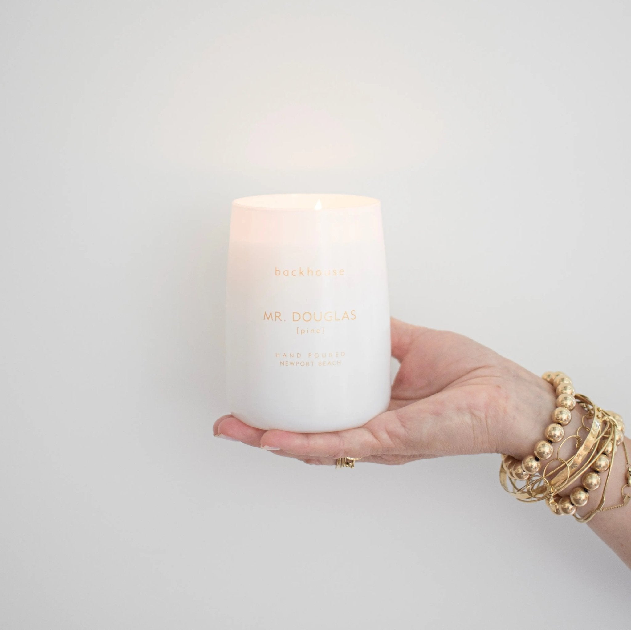 white and gold mr. douglas pine cedar scented candle backhouse fragrances Newport Beach