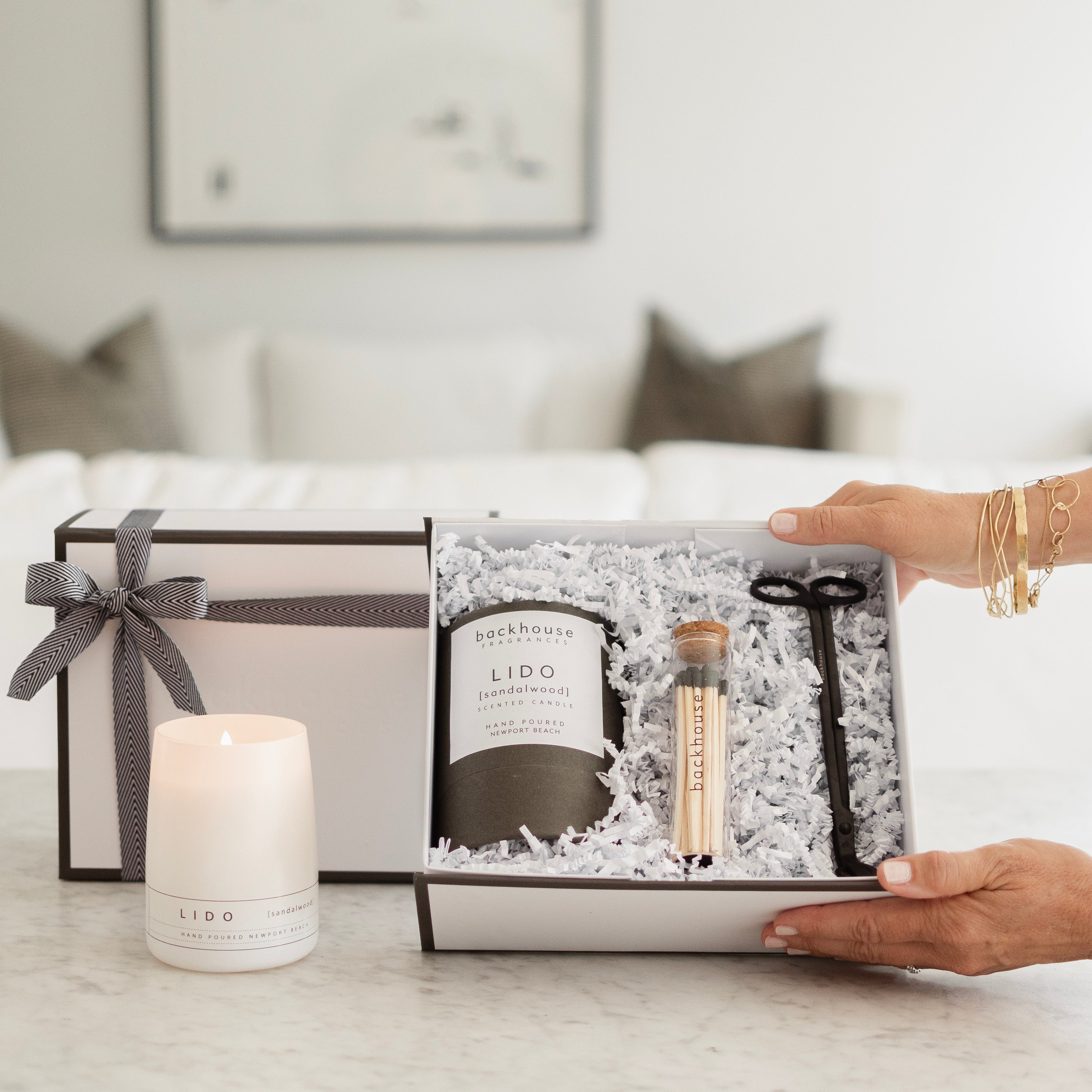 ultimate candle gift set luxury ribbon tied gift box hand-poured Newport Beach backhouse fragrances