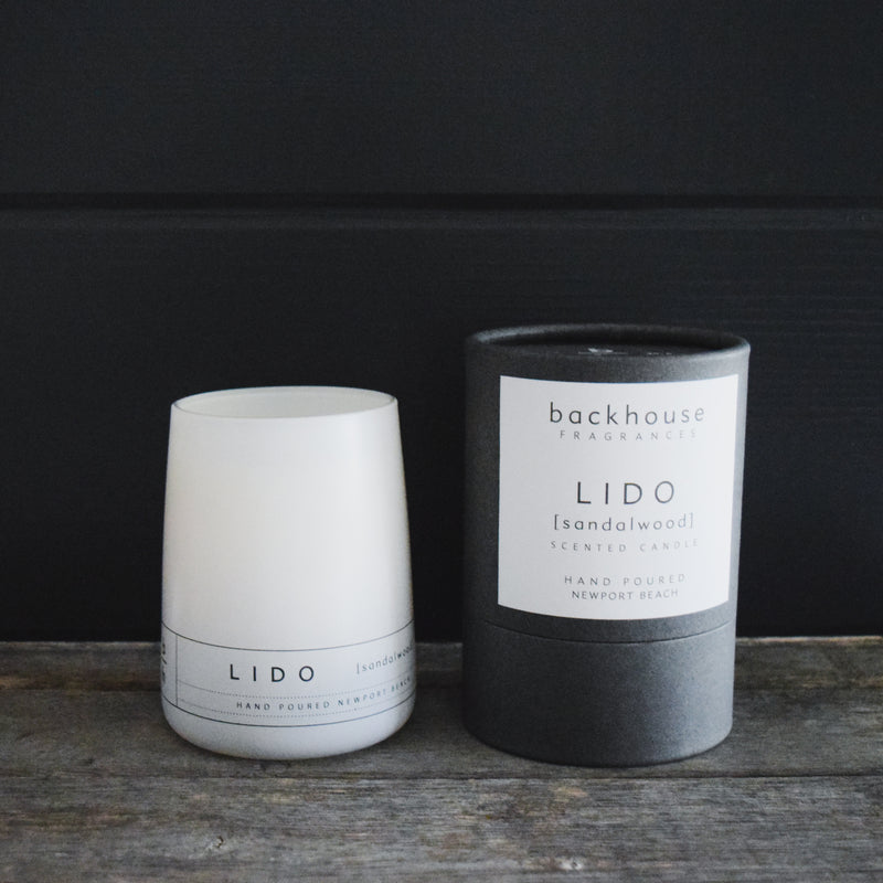 Hand Poured Sandalwood Scented Candle Lido with modern packaging