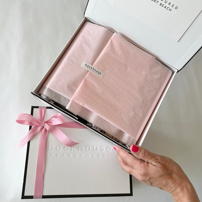Scented Candle Luxury Gift Box | modern and elegant | pink ribbon and tissue | backhouse fragrances