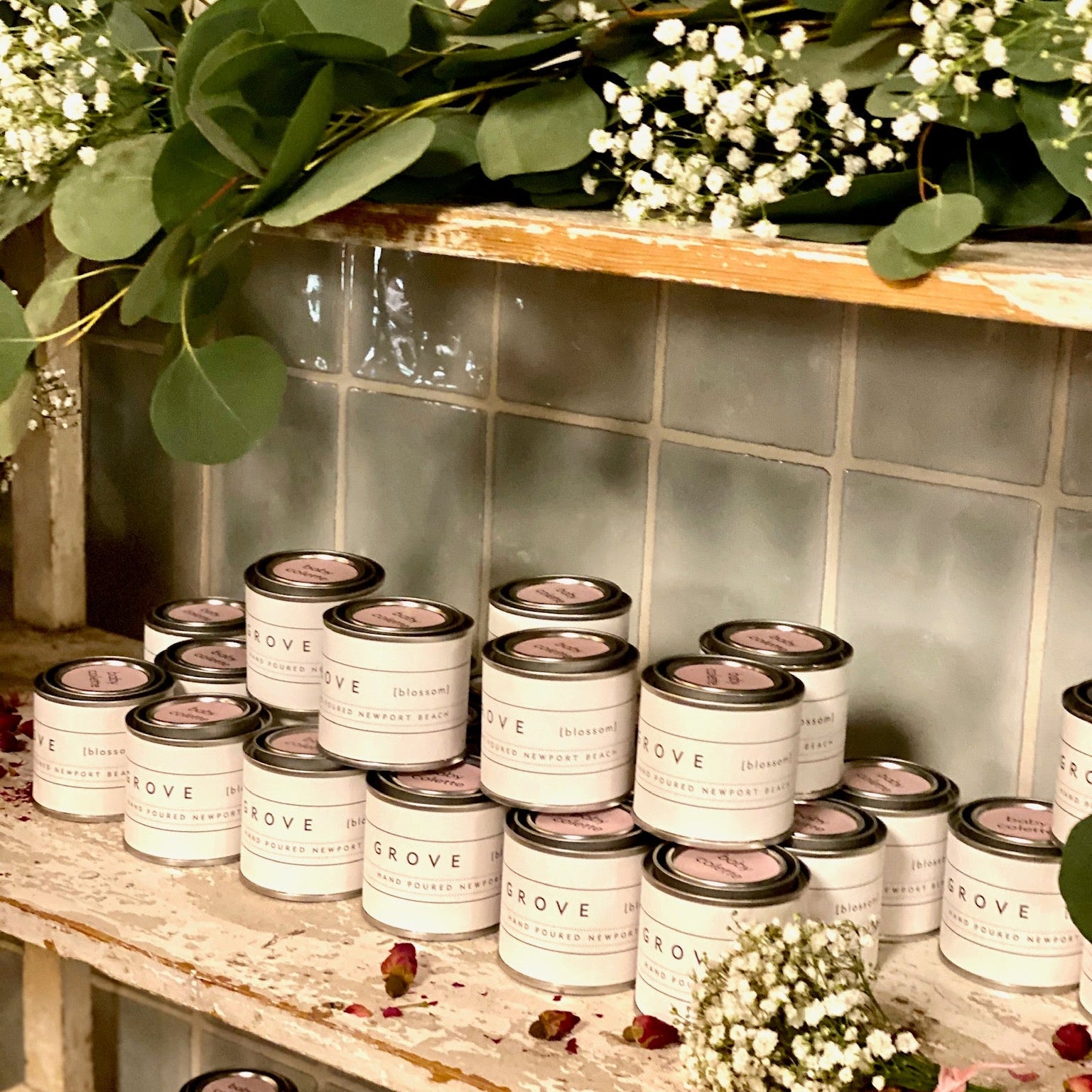 custom mini candles displayed at baby shower event backhouse fragrances Newport Beach