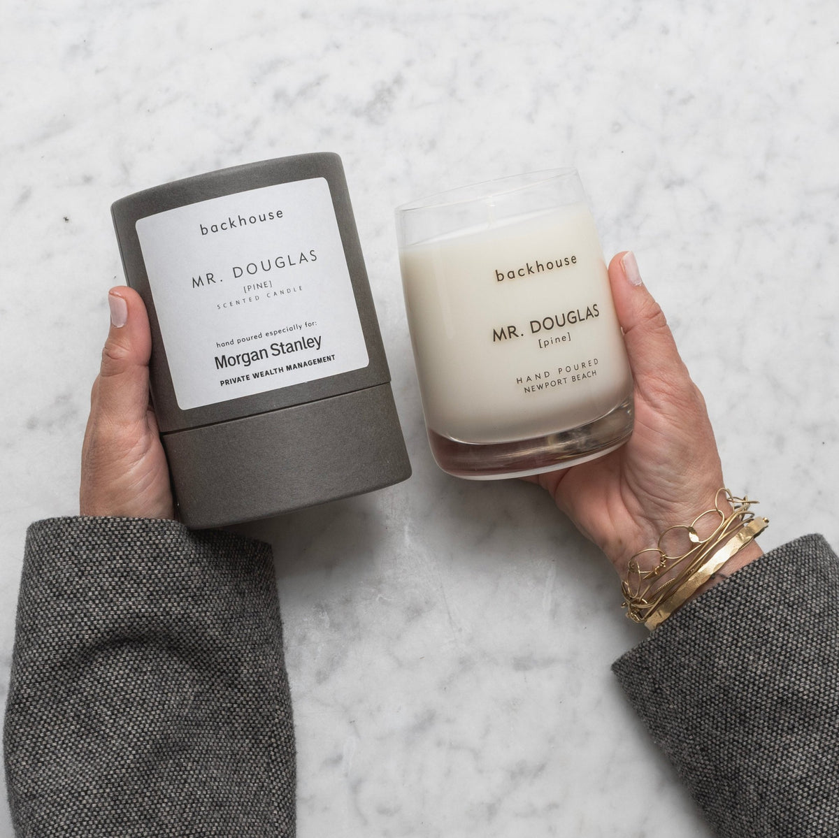 Backhouse Mr. Douglas pine candle with Morgan Stanley Private Wealth Management branded box, hand poured in Newport Beach