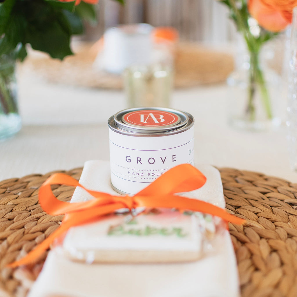 custom wedding mini candle favor with personalized lid backhouse fragrances Newport Beach
