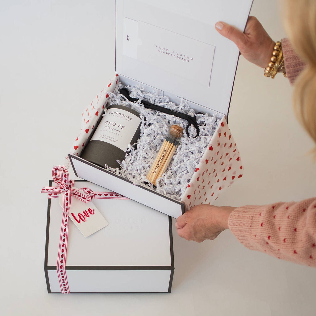 backhouse luxury candle gift box heart tissue valentine gift ribbon personalized note Newport Beach