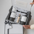 Backhouse Fragrances open Ultimate Candle Gift Box with Lido, Harriets Tree, Colony candles and matches, custom branded for TJ Homes