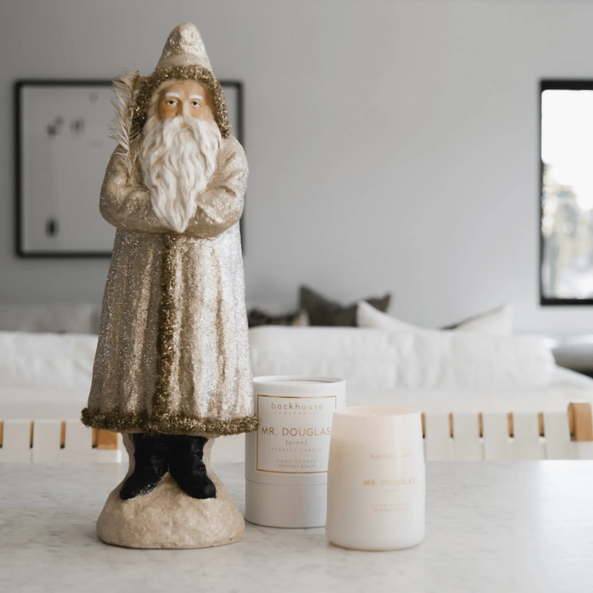 white and gold mr. douglas pine cedar candle packaging backhouse fragrances Newport Beach