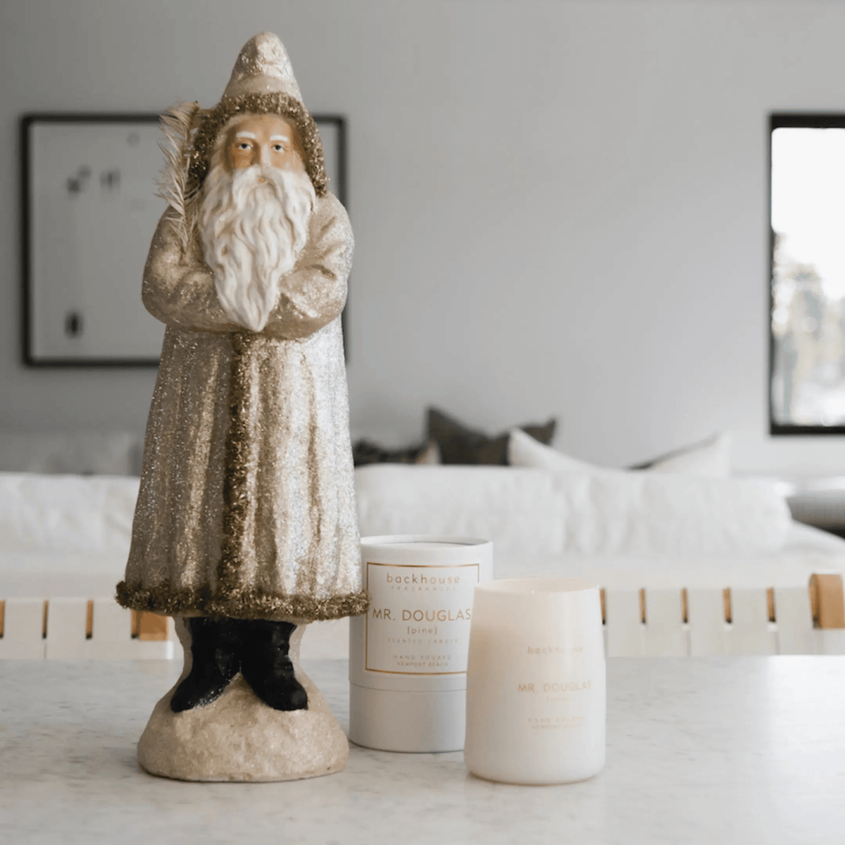 white and gold mr. douglas pine cedar candle packaging backhouse fragrances Newport Beach
