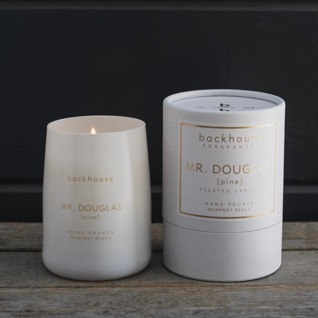 white and gold mr. douglas pine cedar candle top view backhouse fragrances