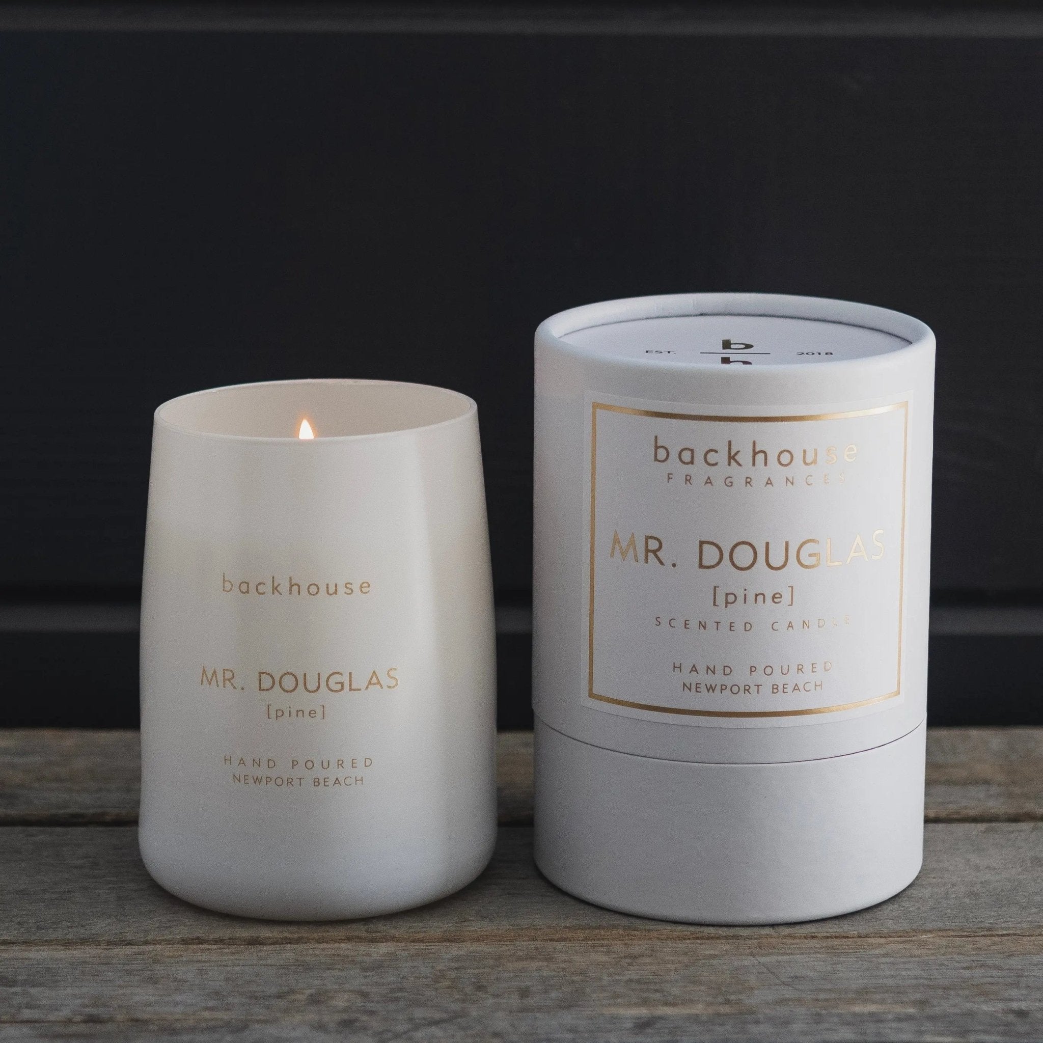 white and gold mr. douglas pine cedar candle top view backhouse fragrances