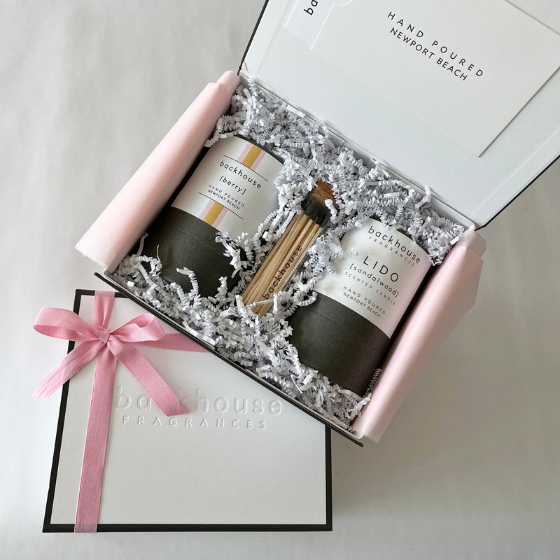 Mother's Day Gift Box | scented candles | pink tissue and ribbon | backhouse fragrances